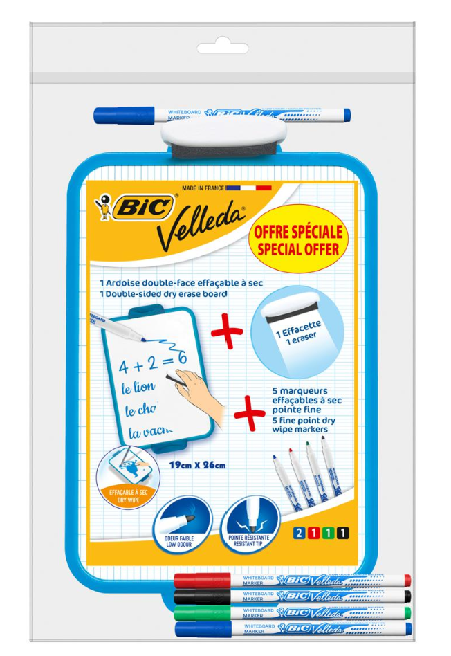 Velleda school slate, double-sided, can be wiped dry +eraser+ 5 pens